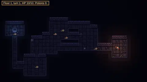 Delve: a dungeon drawn on a tilemap, played turn by turn.
