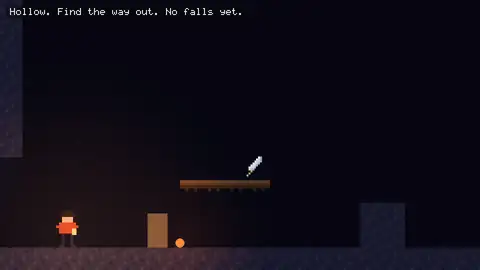 Hollow: a hero in a dark cave, lit by a fire and a lantern.