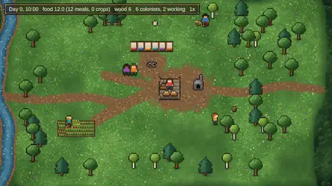 Outpost: colonists at work around a small settlement in a forest.