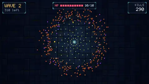 Swarm: hundreds of enemies circling the hero in an arena.